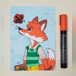 Cartoon Fox and Butterfly | Original Mixed Media Illustration